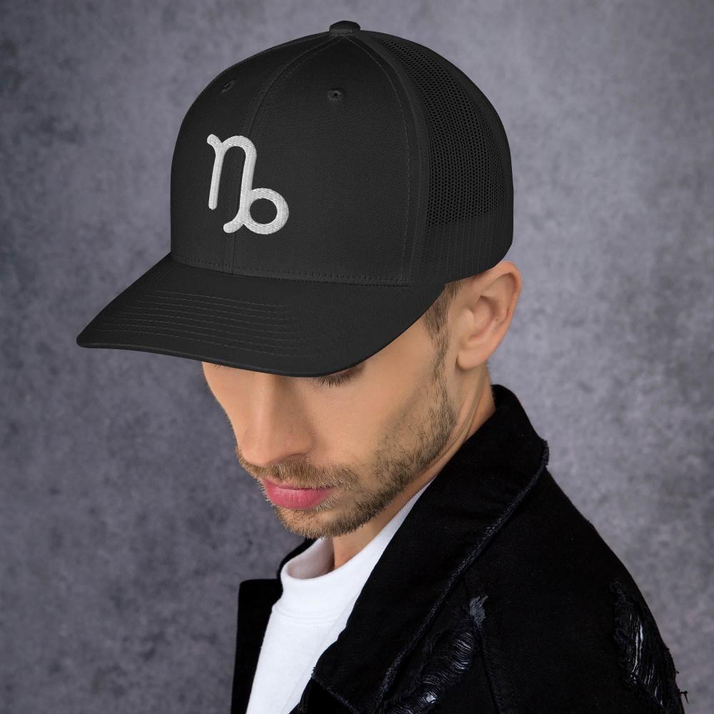 Capricorn Zodiac Embroidered Curved Bill Trucker Hat - Black Color - https://ascensionemporium.net